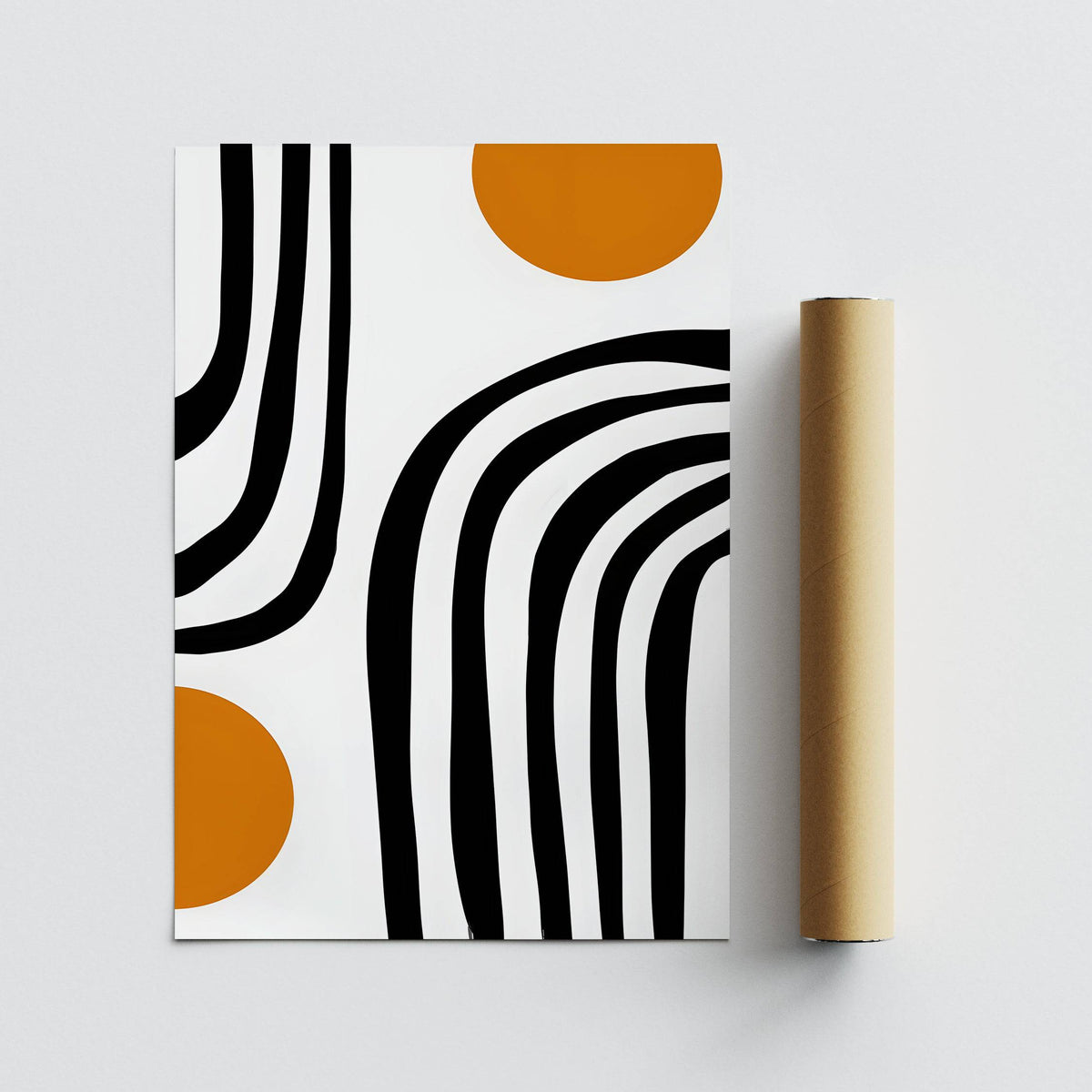 Orange and Black Wall Art with black curved arcs and ochre circles shown with packaging tube