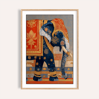 Framed Indian Elephant Print of a decorated elephant with blue and orange patterning