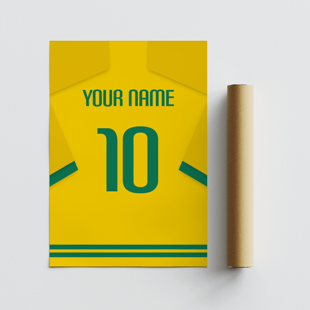 Minimalist yellow football shirt poster with green number and custom name beside packaging tube