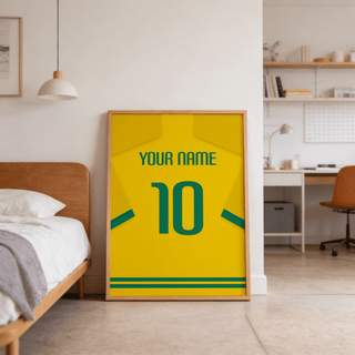 Football Shirt Poster in Yellow with Green Number leaning against wall in bedroom near bed