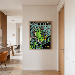 Lisbon Jazz Poster on a wall of green cat playing saxophone in pop-art style with a chair nearby