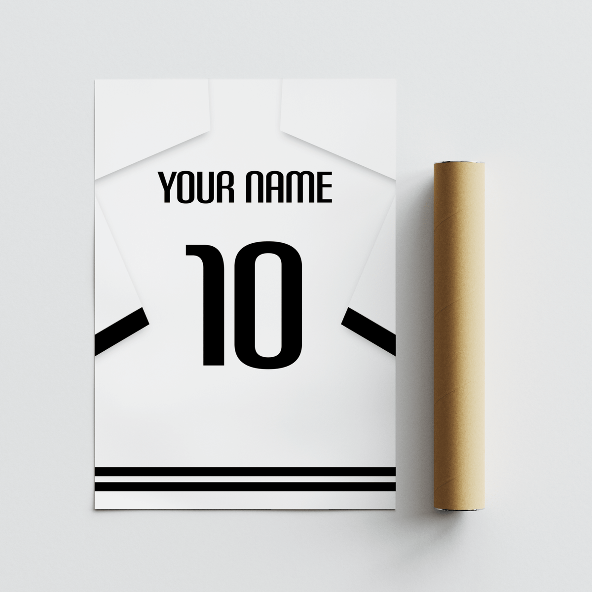 Custom football shirt print with black banded sleeves and number next to a packaging tube