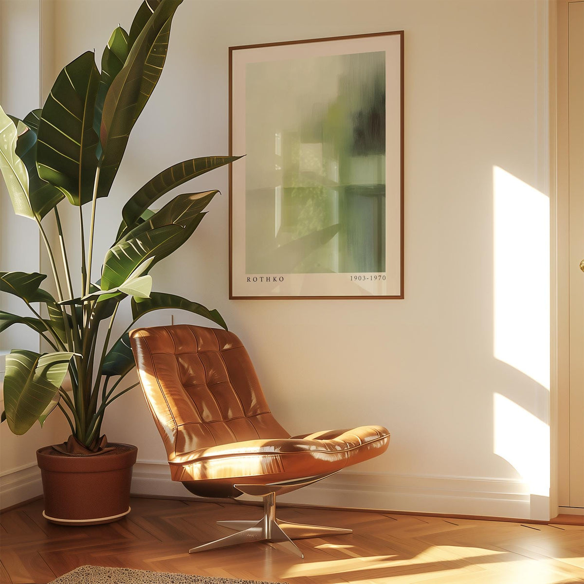 Olive Green wall art with abstract green shapes hung above a brown leather chair and next to a tall plant