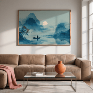 Serene Nature Poster watercolour of fisherman on river in blue hues above brown sofa with orange vase on glass table