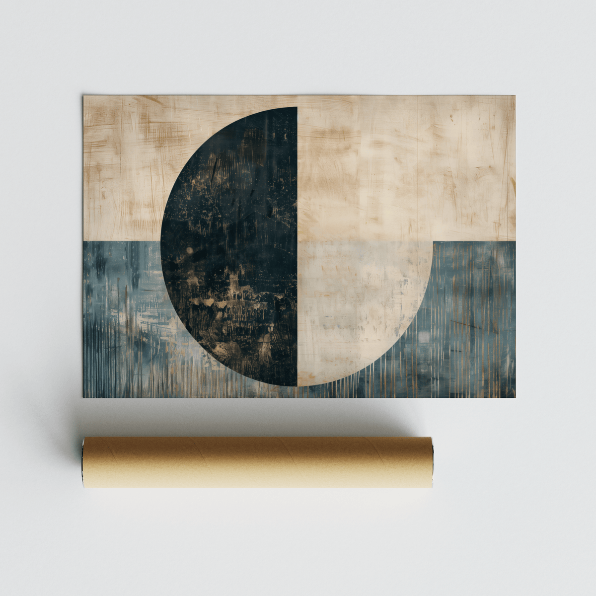 Modern Art Poster detail close-up of a half circle shape in black and blue with a tan background and a packaging tube nearby