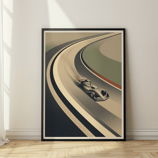 Framed Vintage Motorsport wall art with a minimalist retro racing car on track in beige and green tones