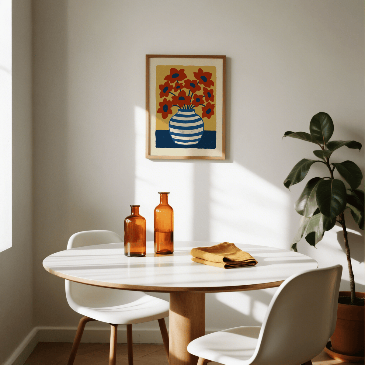 Vase Poster print on a dining room wall with amber glass bottles on a round wooden table