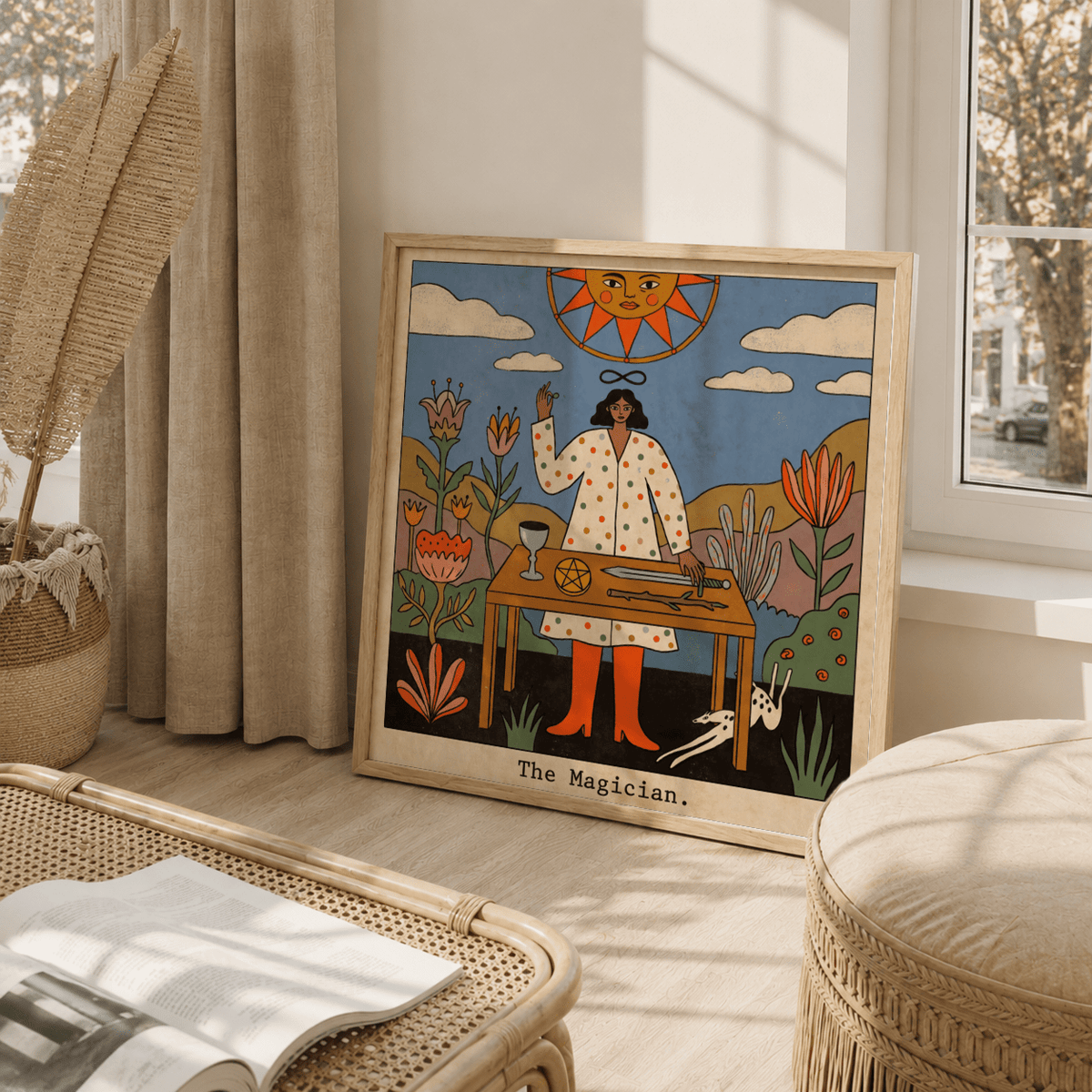 Print leaning on a floor beside window with natural light Tarot Magician wall art with blue, orange and green tones
