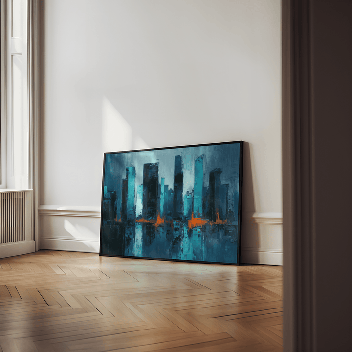 Blue artwork city of an abstract city skyline with reflections leaning on a floor in a bright room