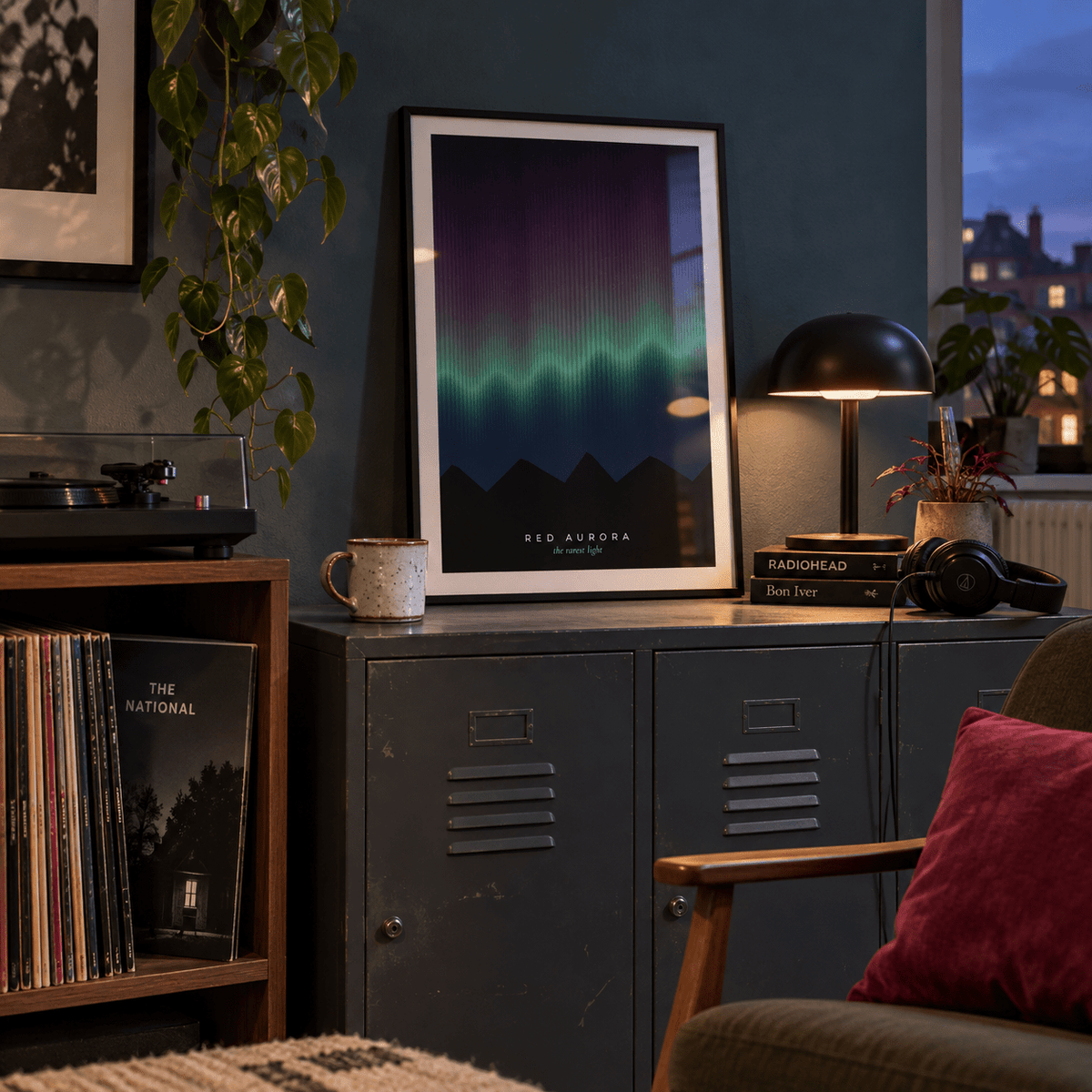 Red and green aurora print in a music corner