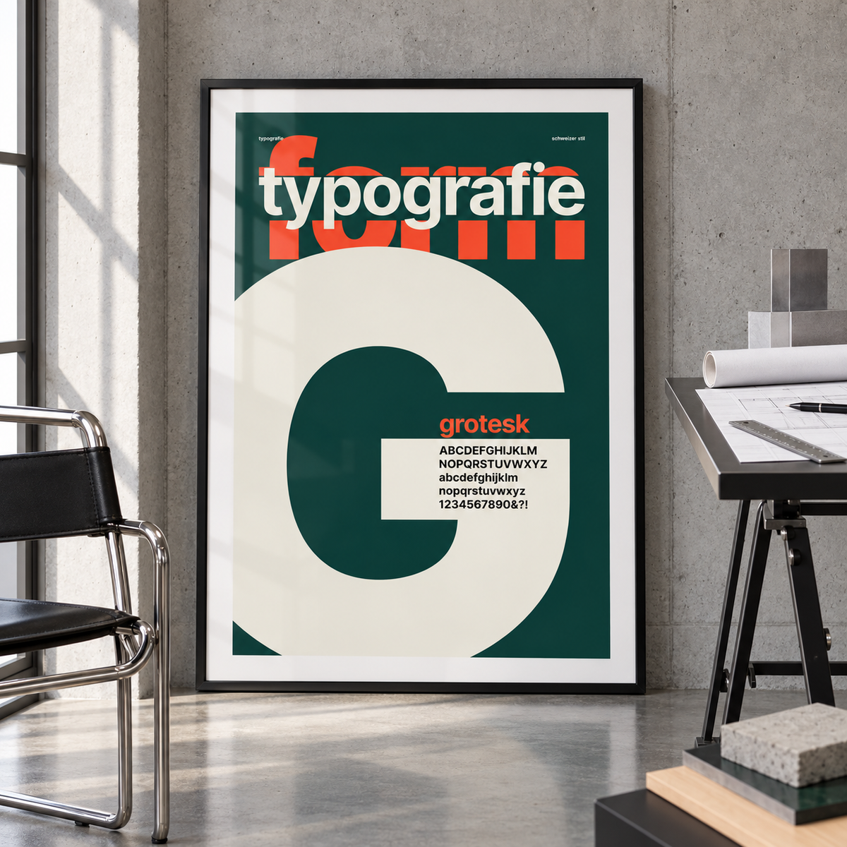 Giant letter G typography print in a modernist studio
