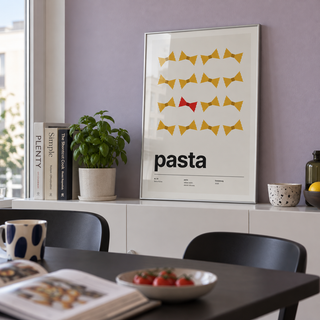 Rows of farfalle pasta print in a dining cabinet against a lilac wall