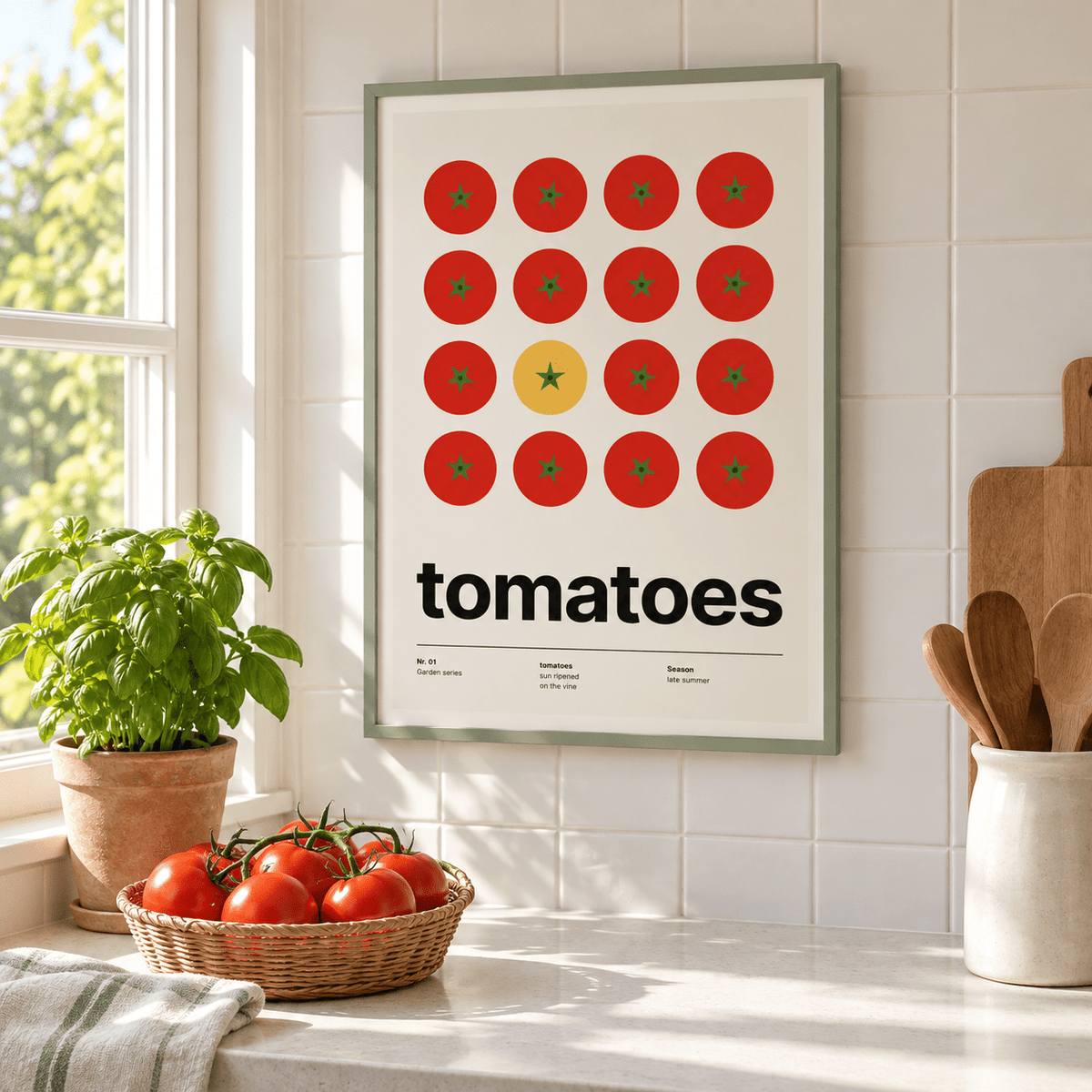 Swiss style tomato print on a kitchen counter beside a sunny window