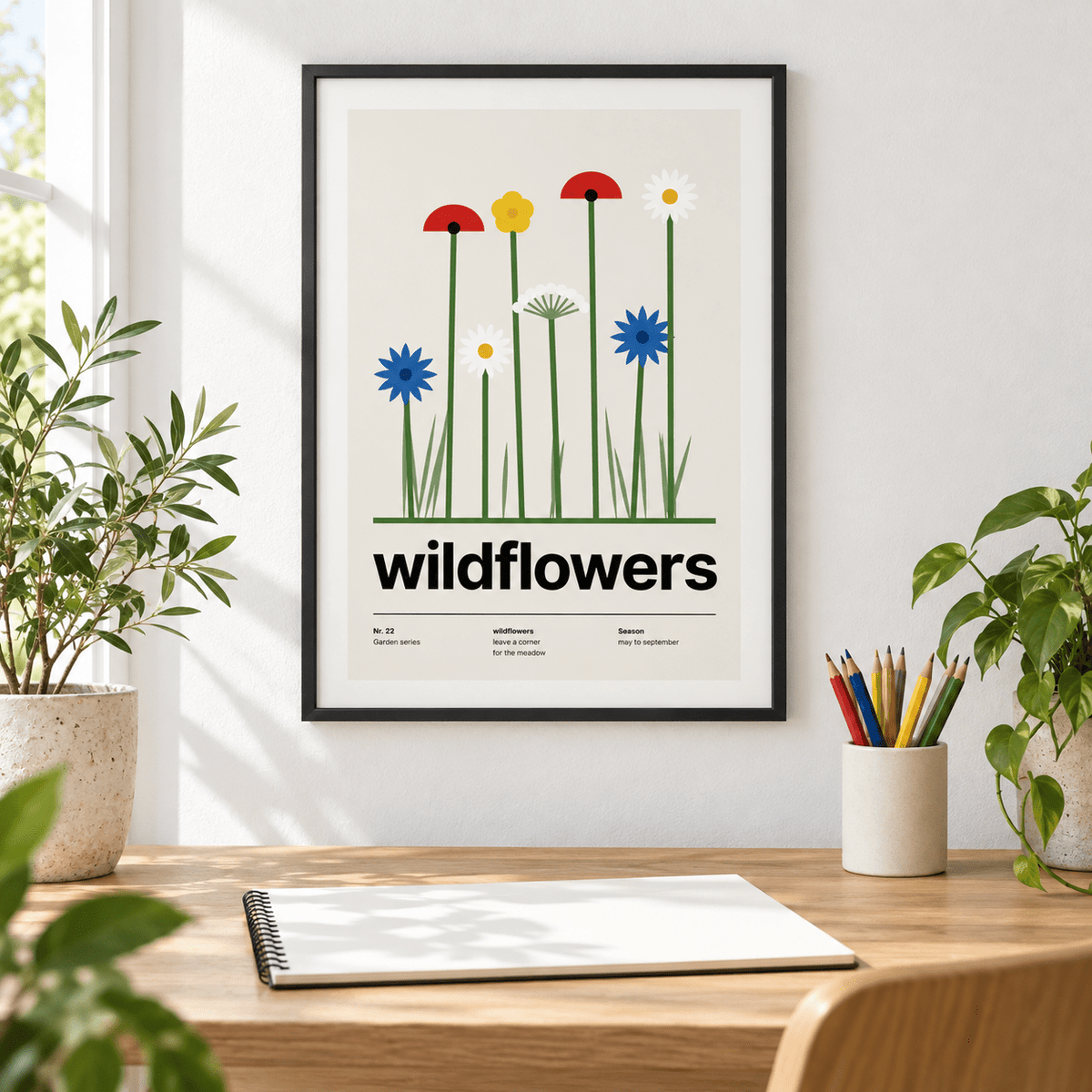 Wild flowers print in a light filled home studio