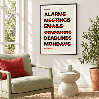 Crossed out list retirement print in a sunny sunroom with garden views