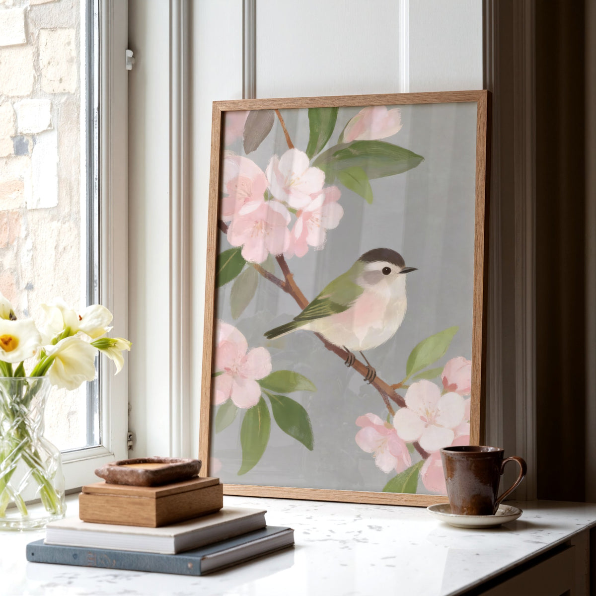 Print leaning on a shelf botanical bird wall art of a small bird with soft pink flowers beside a window with morning light