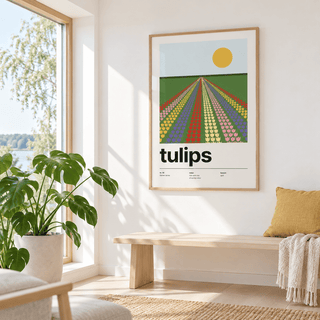 Tulip field print beside a window seat with cushions
