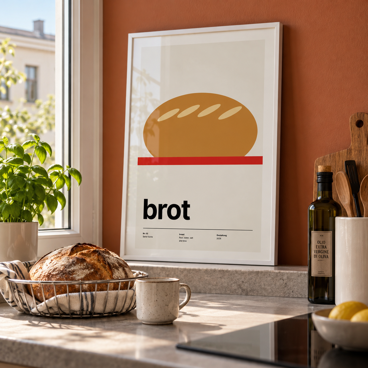 Scored loaf on a red board print on a ledge in a window