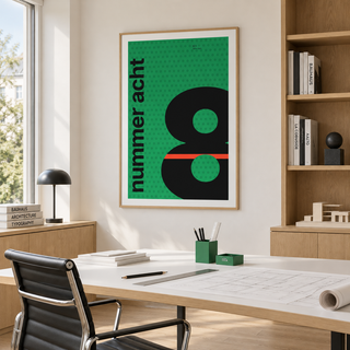 Giant black number 8 on green print in a modernist studio