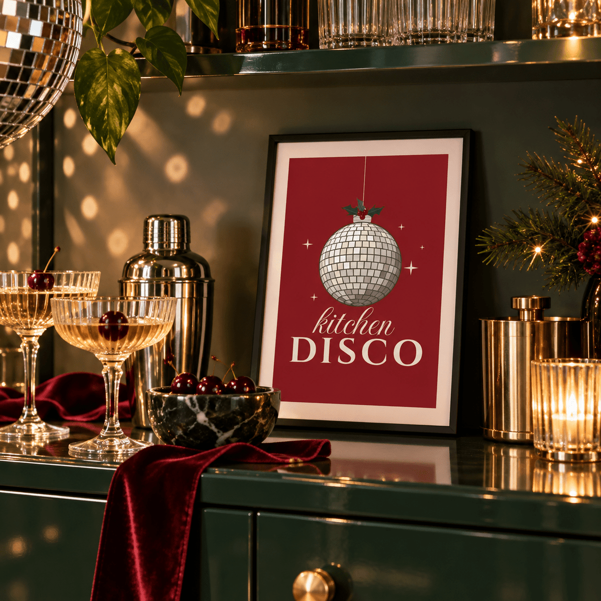 Close view of the red kitchen disco print styled on a home bar