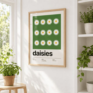 Daisy flower print in a garden room filled with green plants