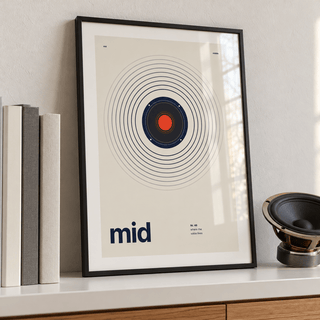 Mid range speaker with rings print leaning on a picture ledge in a music room