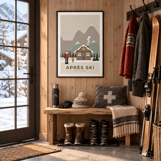 Retro apres ski chalet print in a ski entry at Christmas