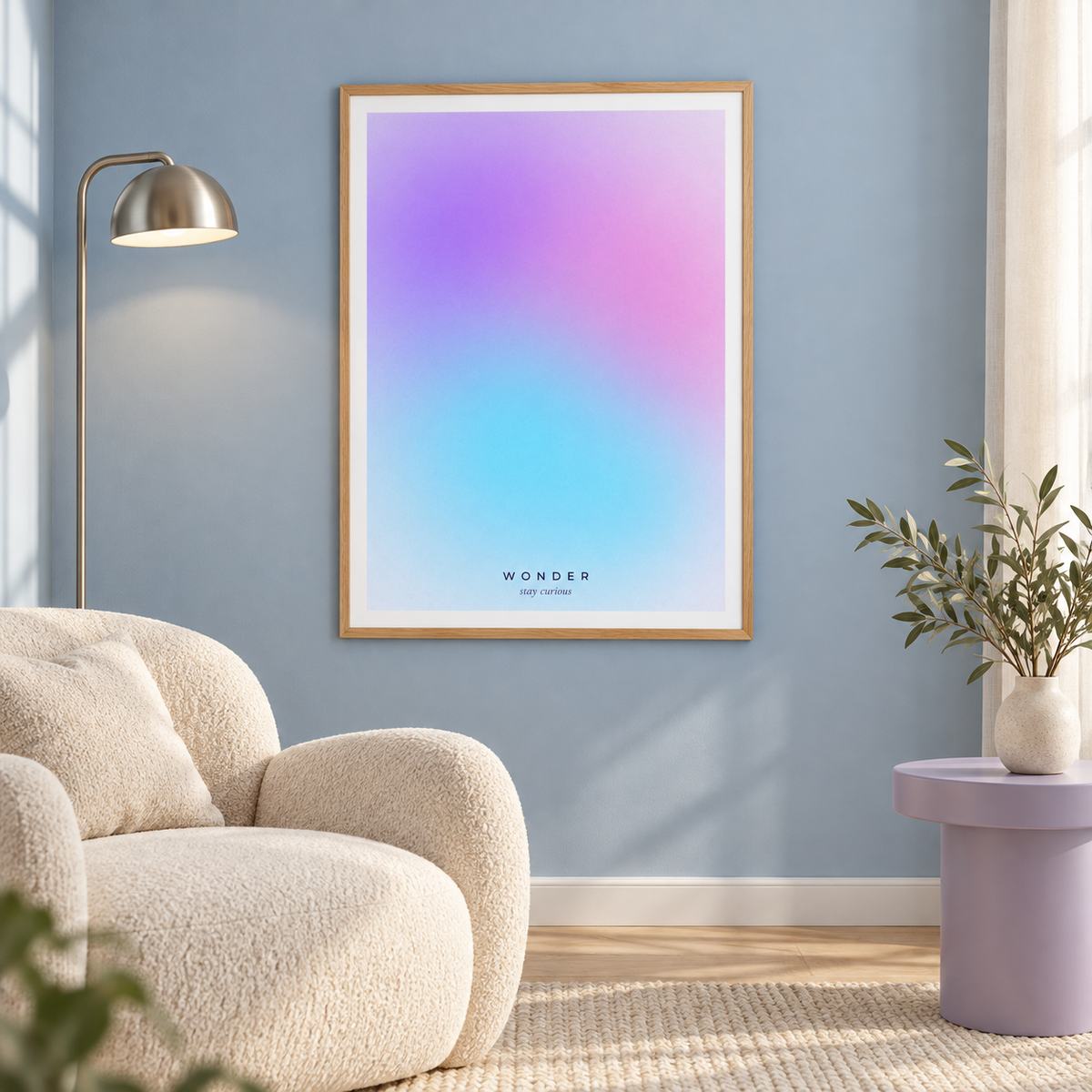 Purple pink and cyan aura print in a reading corner