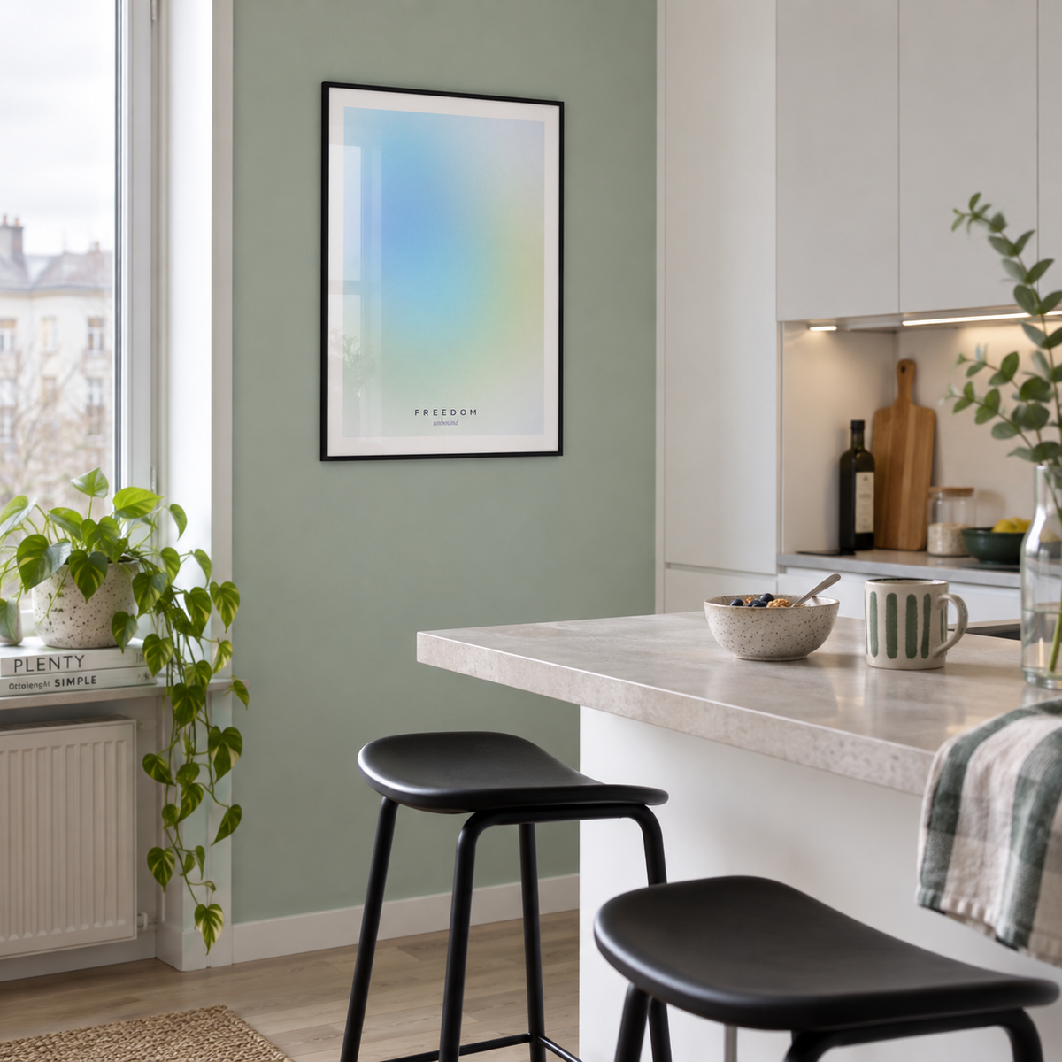 Sky blue and lime gradient print in a kitchen bar against a mint wall