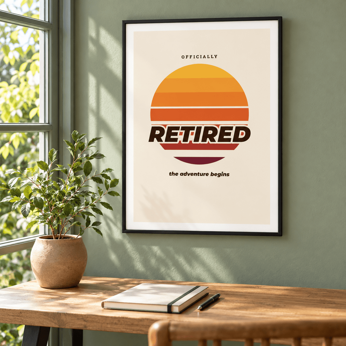 Retro sunset retired print in a garden room filled with green plants