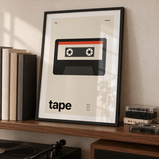 Cassette tape print leaning on a picture ledge in a music room