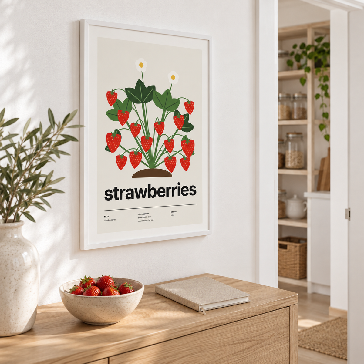 Strawberry plant print above a counter beside open kitchen shelving