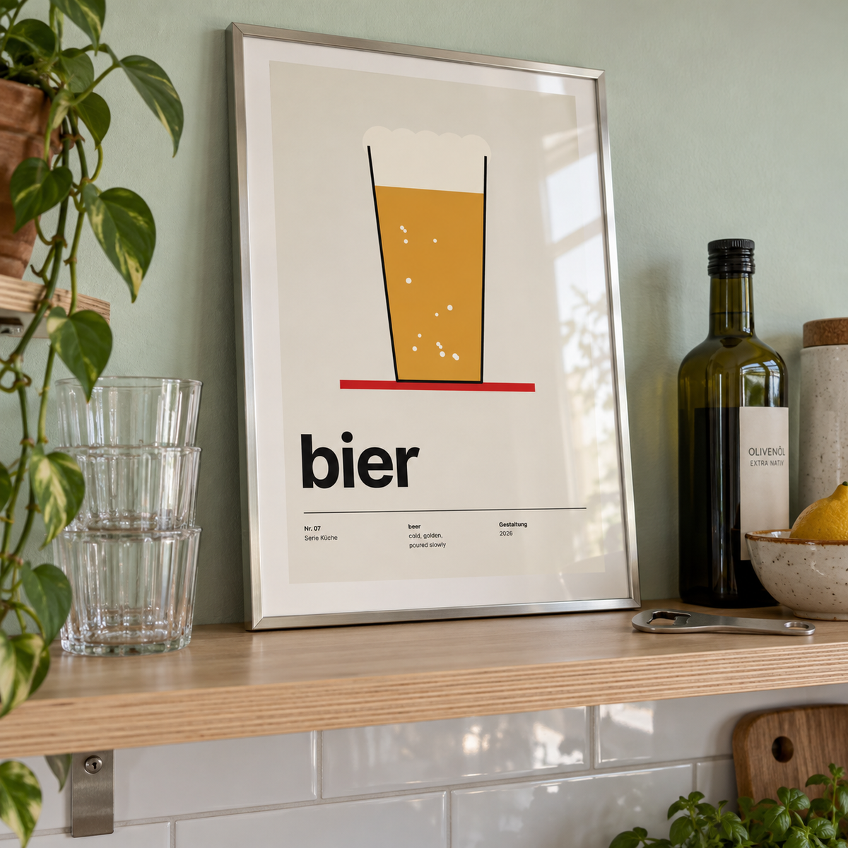 Pint of beer on a red coaster print on a shelf in a kitchen