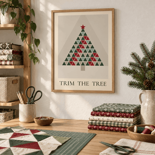 Patchwork quilt Christmas tree print in a sewing room at Christmas