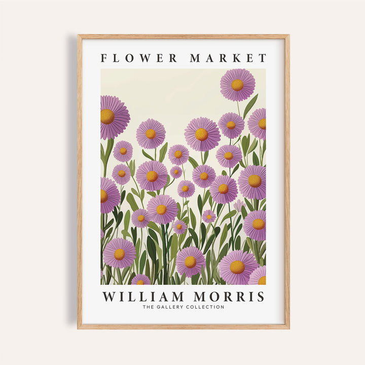 Framed Purple Floral Wall Art showing purple daisies with green stems and yellow centres