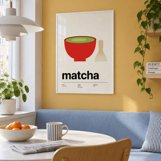 Red bowl of green matcha print in an ochre breakfast nook