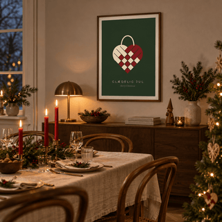 Woven paper heart Christmas print in a nordic dining room at Christmas