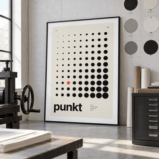 Halftone dot grid print in a modernist studio