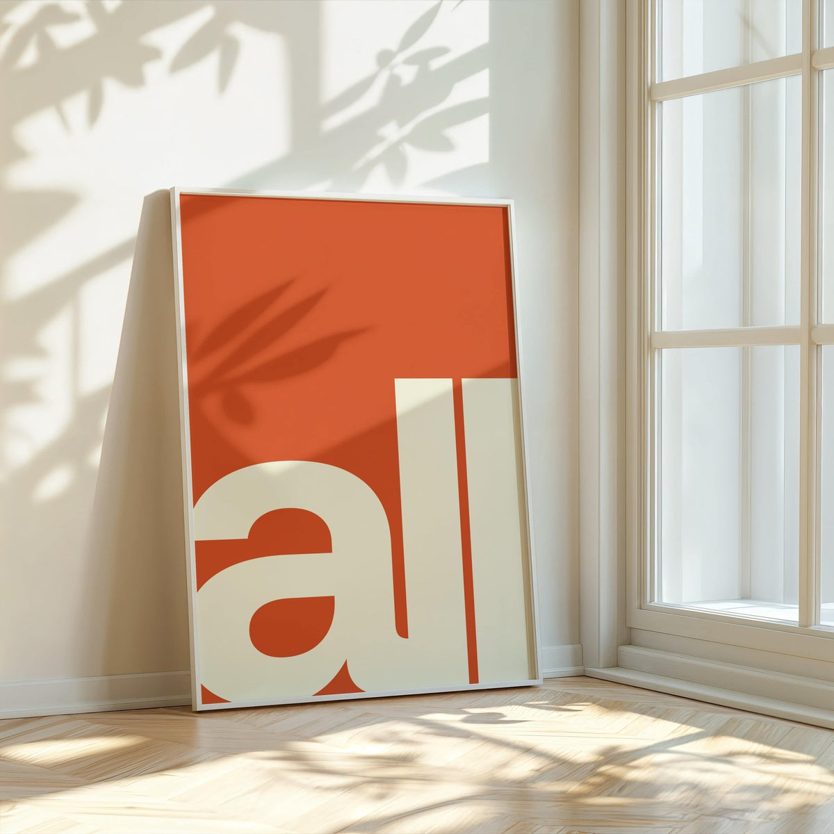 Modern Typography Art print with letters 'al' in cream on orange leaning by a window with shadows