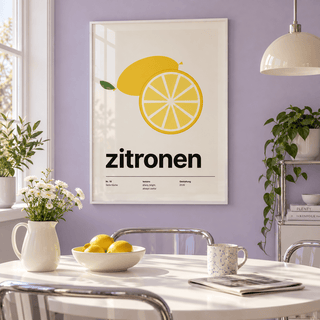 Whole lemon and lemon slice print in a breakfast room against a lavender wall