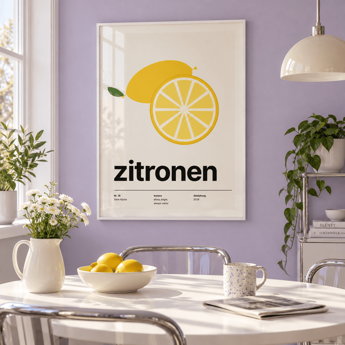 Whole lemon and lemon slice print in a breakfast room against a lavender wall