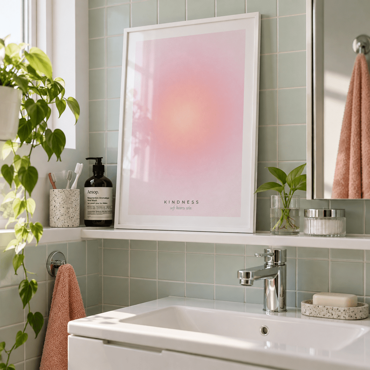 Blush pink aura print on a shelf in a bathroom against a mint wall