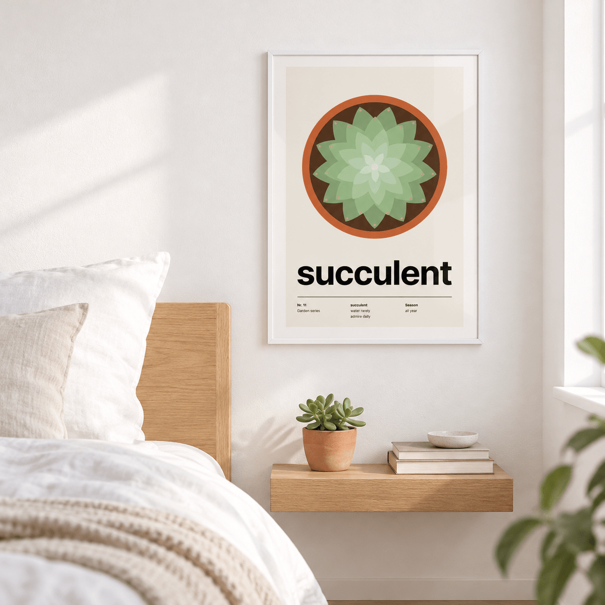 Succulent rosette print above the bed in a calm bedroom