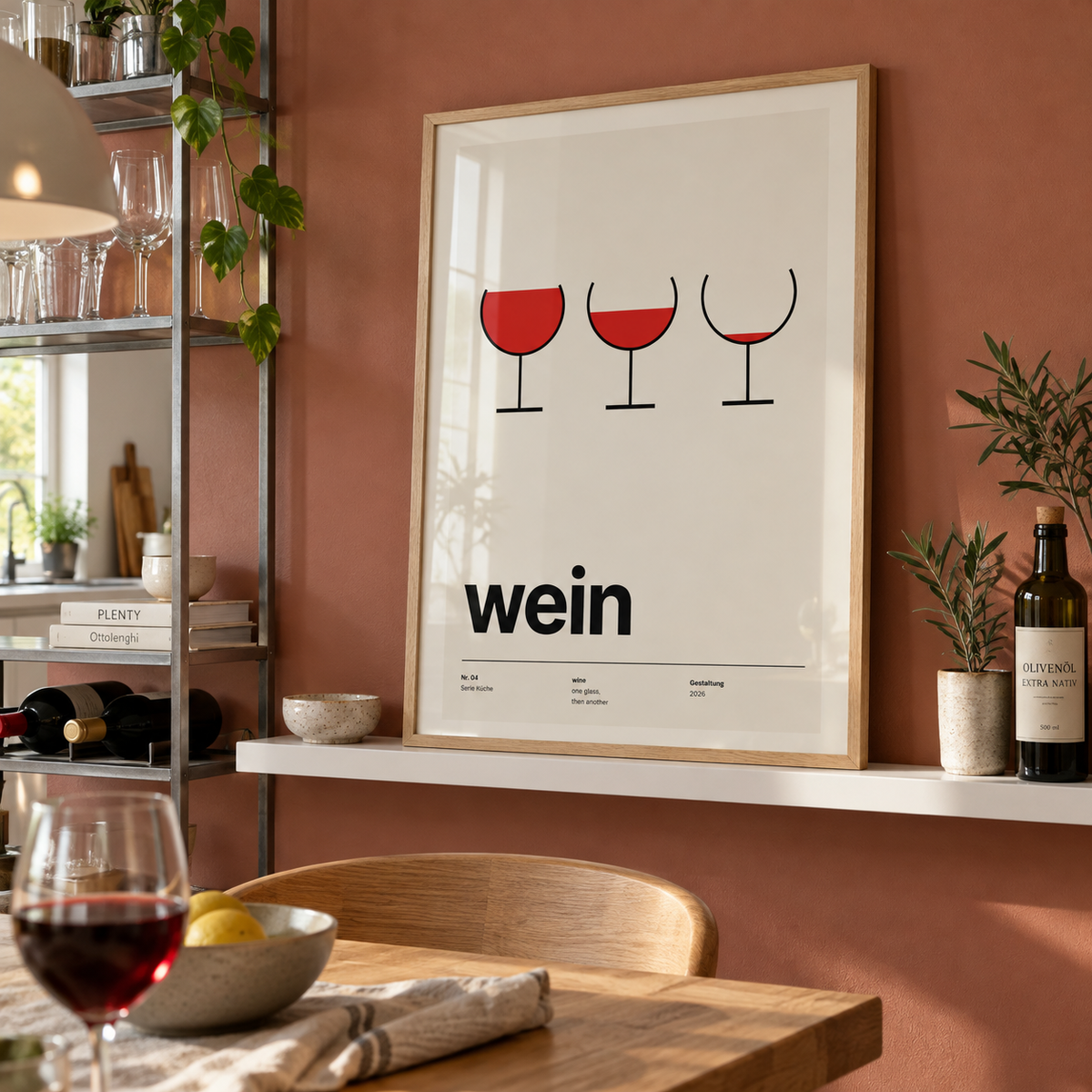 Three emptying wine glasses print on a ledge in a picture against a terracotta wall