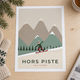 Close view of the retro snowboarder print showing the paper texture and lettering
