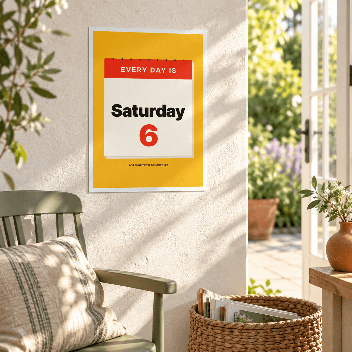 Every day is Saturday print in a sunny sunroom with garden views