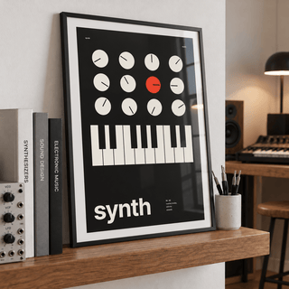 Synthesiser knobs and keys print leaning on a picture ledge in a music room