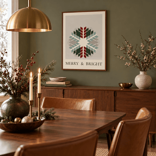 Quilt snowflake Christmas print in a midcentury dining room at Christmas