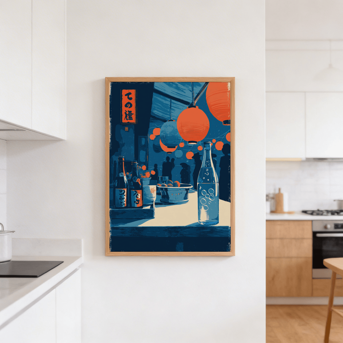 Japanese Market wall art with blue and orange lanterns above a counter in a kitchen