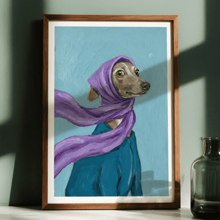 Framed Dressed Up Dog Art showing a dog in a purple scarf against a blue background with shadow and glass vase nearby